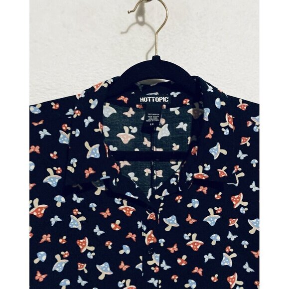 Hot Topic Top Womens Large Black Mushroom Butterfly Crop Button Up Boxy Boho - Picture 3 of 9